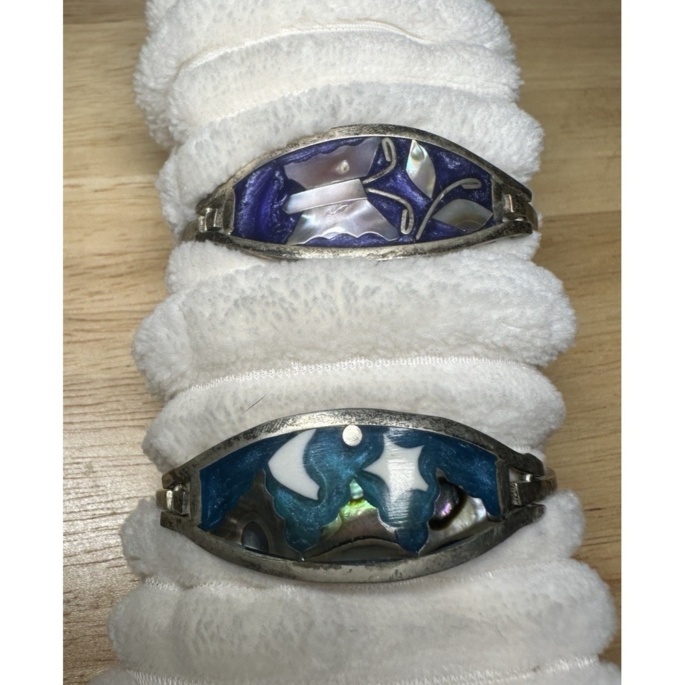 2 Vintage Alpaca Mexico Small Size 5.5" Purple Teal Abalone‎ MOP Inlay Bracelets - Picture 3 of 6